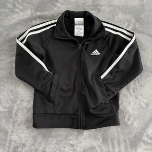 Adidas Track Jacket Black & White Three‎ Stripe Full Zip Coat Boys Size 4